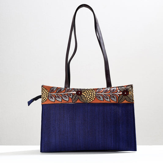 Blue - Handpainted Kalamkari Natural Dyed Ghicha Silk Shoulder Bag