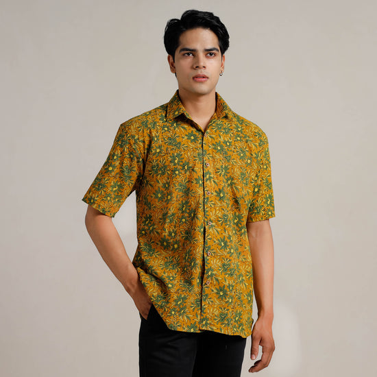 Yellow - Ajrakh Block Printed Cotton Men Half Sleeve Shirt 07
