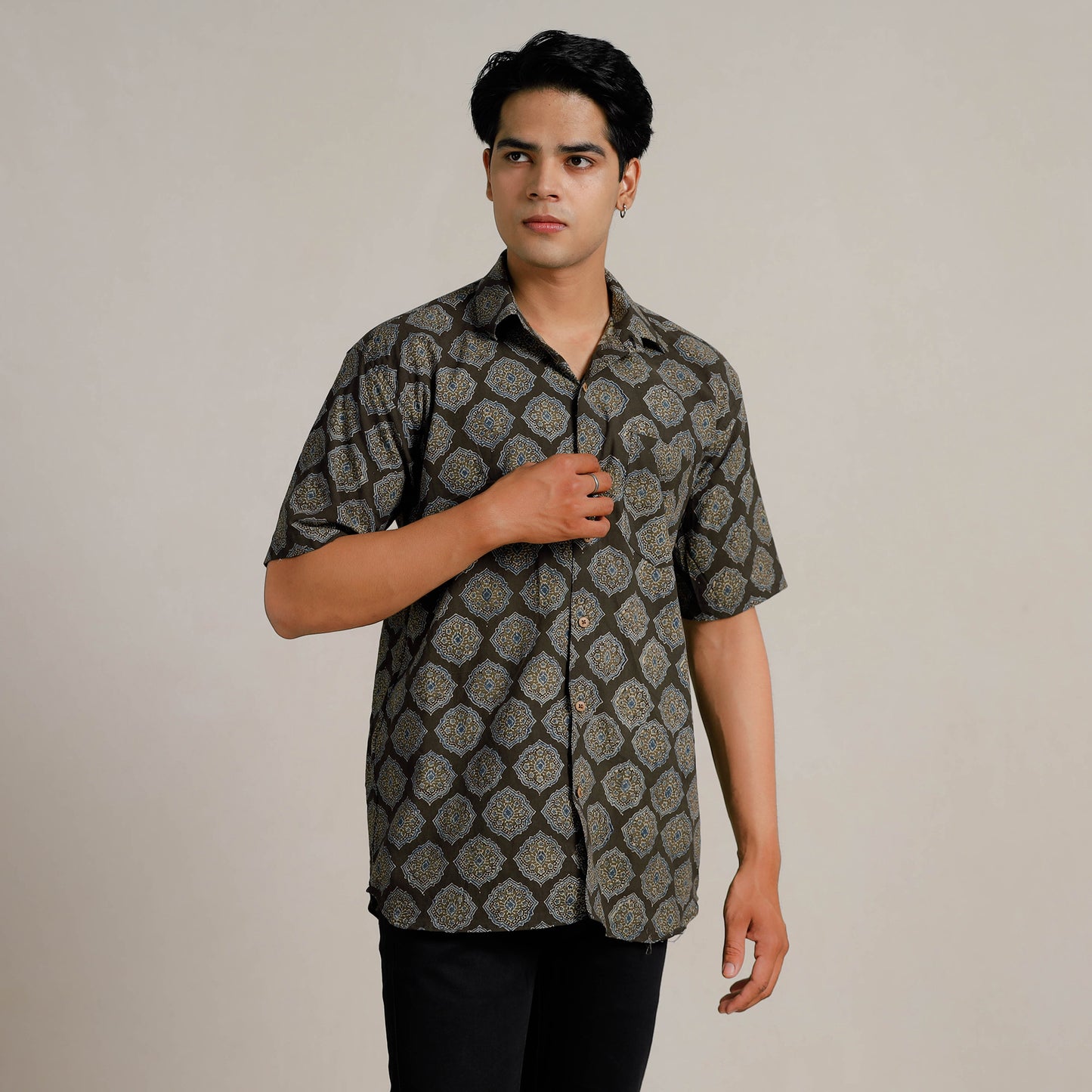 Black - Ajrakh Block Printed Cotton Men Half Sleeve Shirt 05