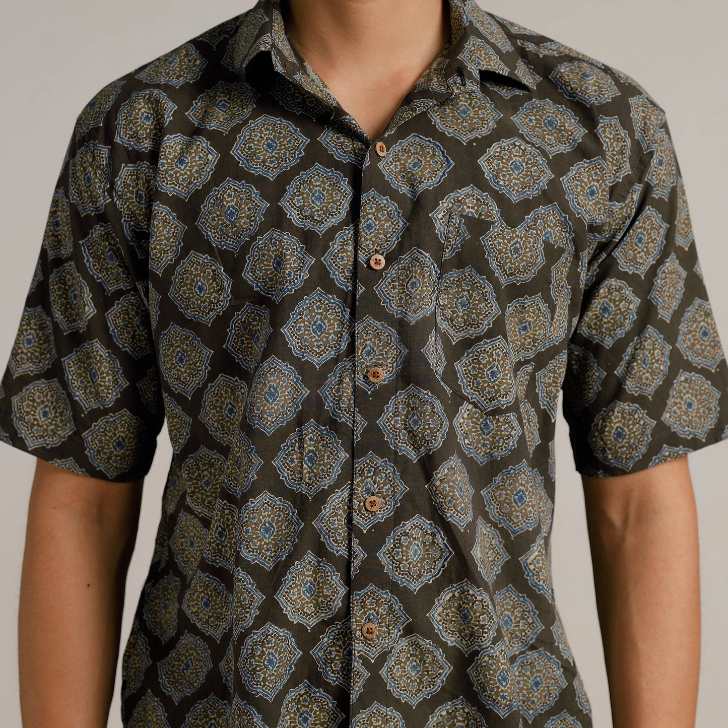 Black - Ajrakh Block Printed Cotton Men Half Sleeve Shirt 05