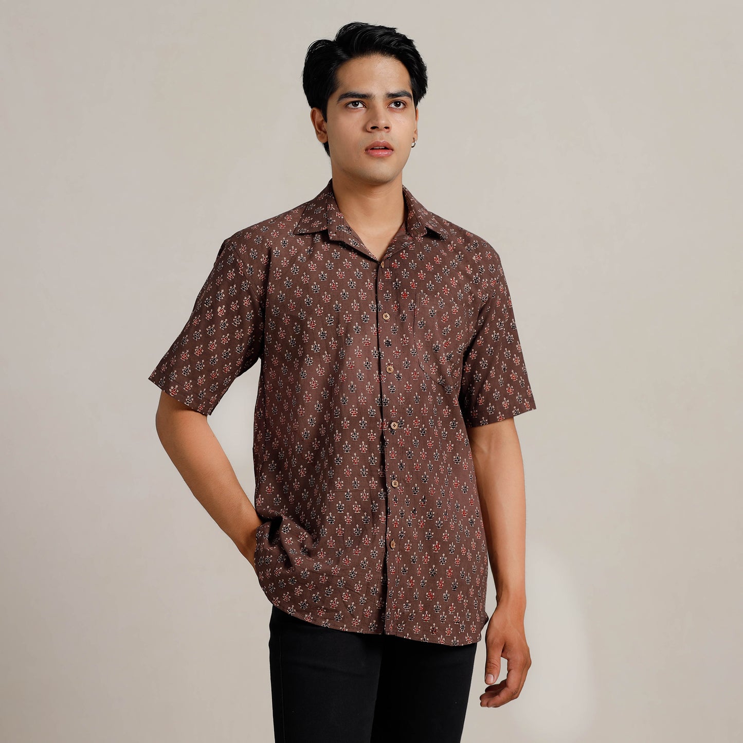 Brown - Ajrakh Block Printed Cotton Men Half Sleeve Shirt 04