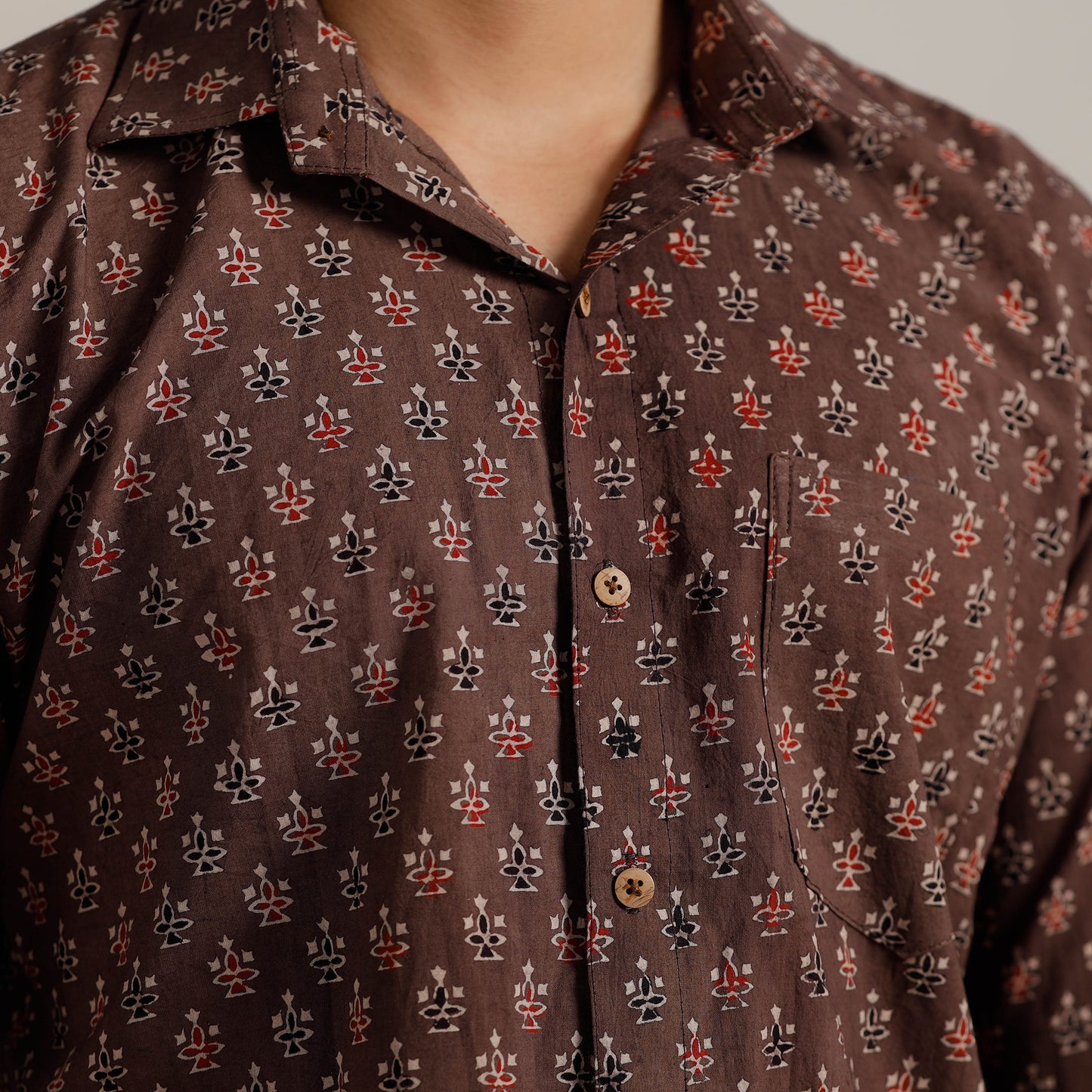 Brown - Ajrakh Block Printed Cotton Men Half Sleeve Shirt 04