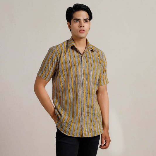 Bagru Block Printed Cotton Men Half Sleeve Shirt 03