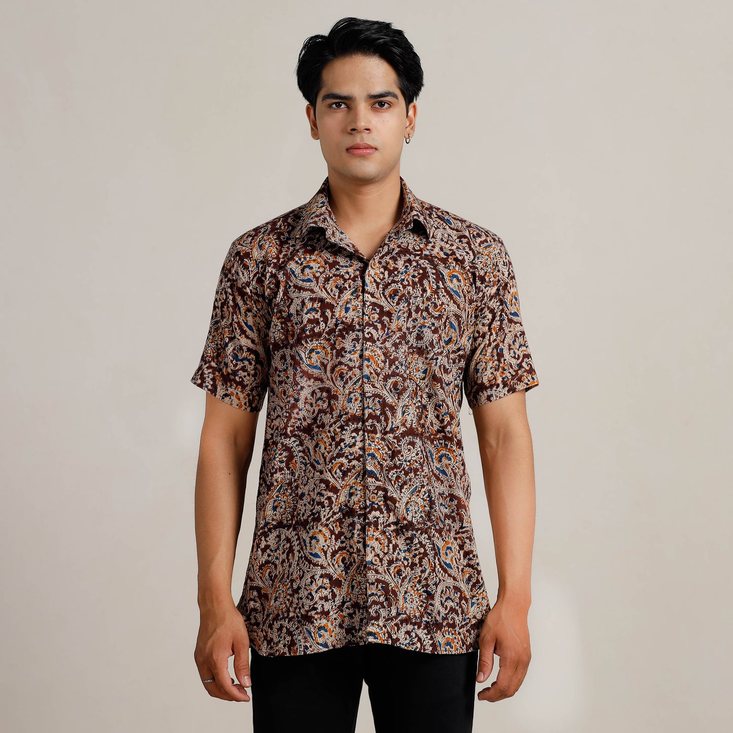 Buy Kalamkari Block Printed Cotton Men Half Sleeve Shirt 02 Online at iTokri.com