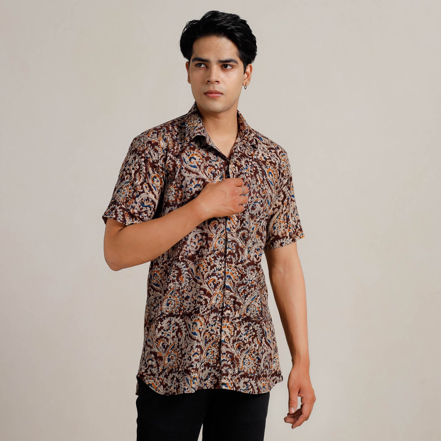 Buy Kalamkari Block Printed Cotton Men Half Sleeve Shirt 02 Online at iTokri.com