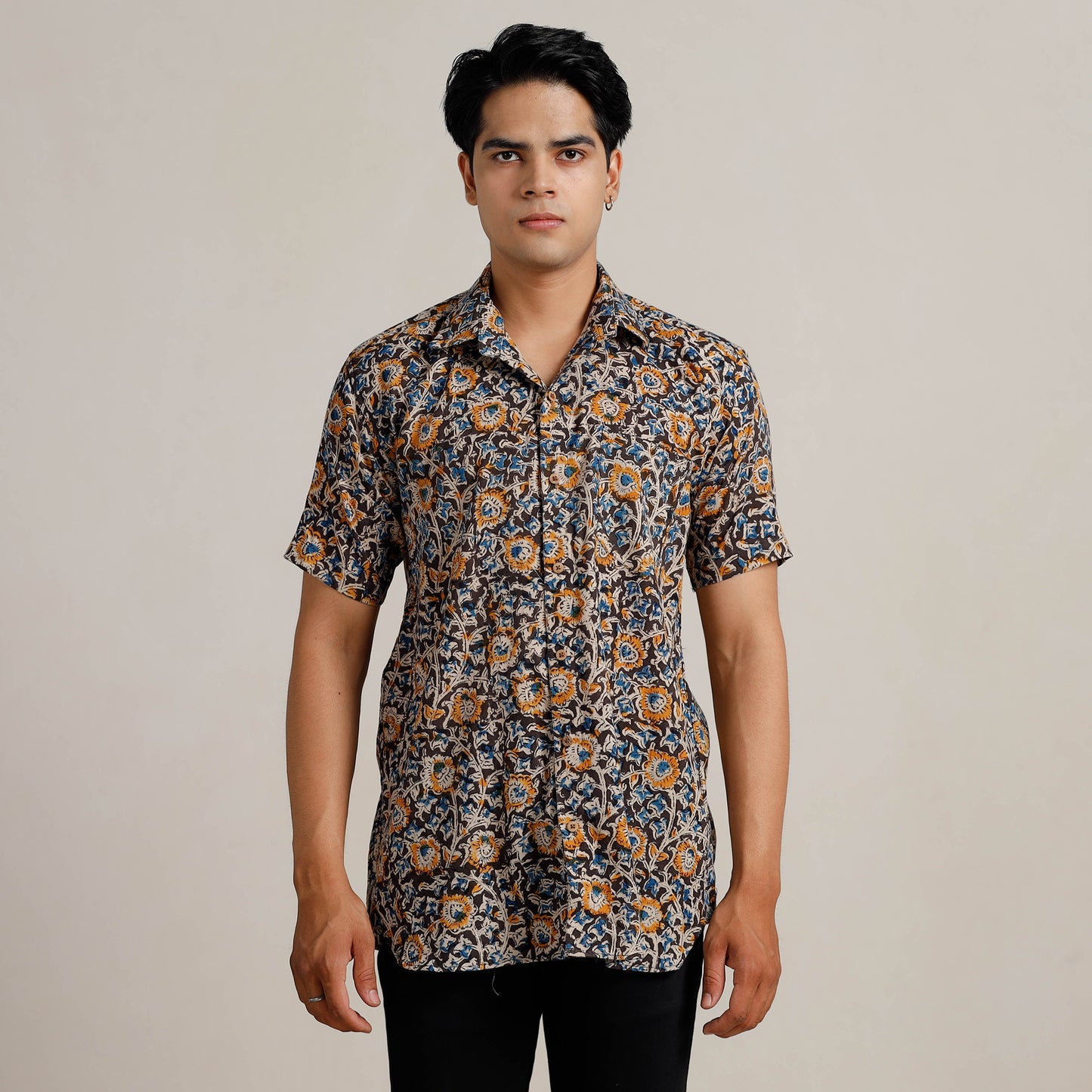 Buy Kalamkari Block Printed Cotton Men Half Sleeve Shirt 05 Online at iTokri.com