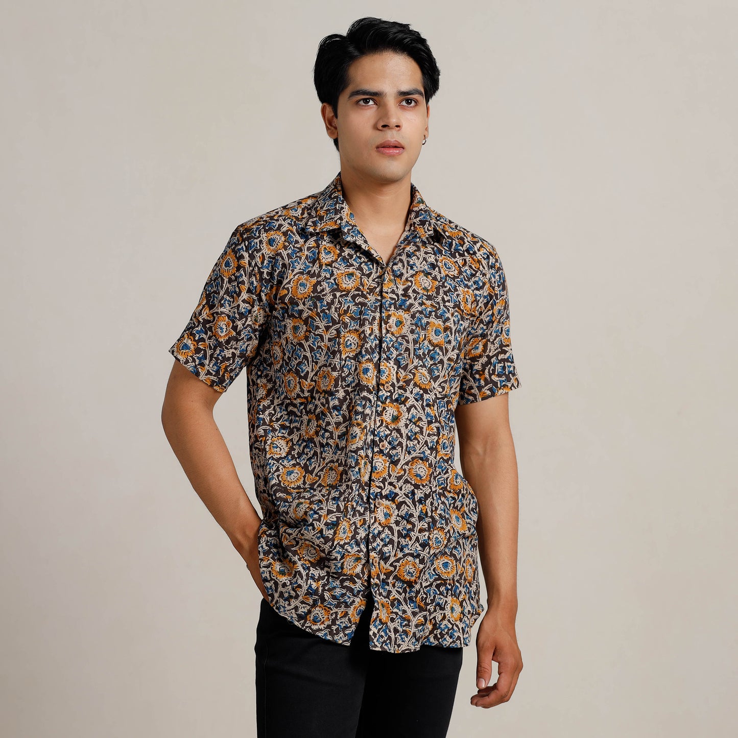 Buy Kalamkari Block Printed Cotton Men Half Sleeve Shirt 05 Online at iTokri.com