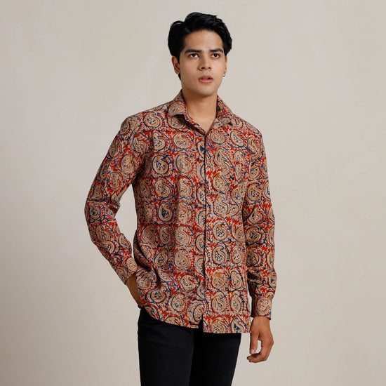 Red - Kalamkari Block Printed Cotton Men Full Sleeve Shirt 06