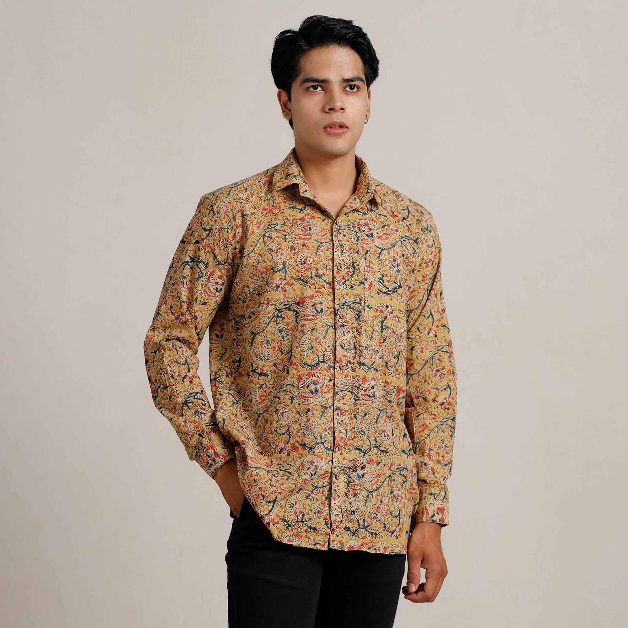 Yellow - Pedana Block Print Cotton Men Kalamkari Shirt 11