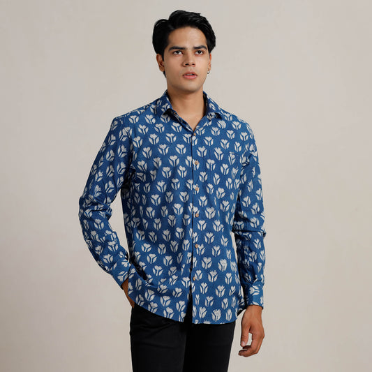 Blue - Bagru Block Printed Cotton Men Full Sleeve Shirt 11