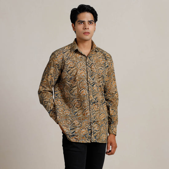 Brown - Kalamkari Block Printed Cotton Men Full Sleeve Shirt 09