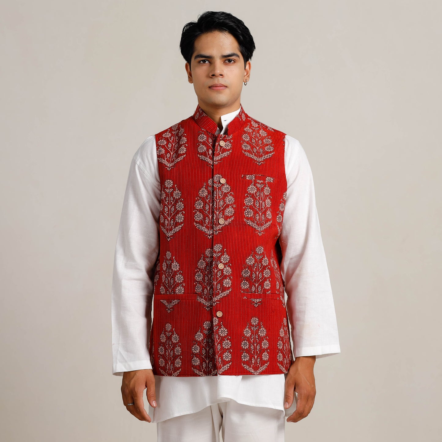 Red - Bagh Print Nehru Jacket for Men 03