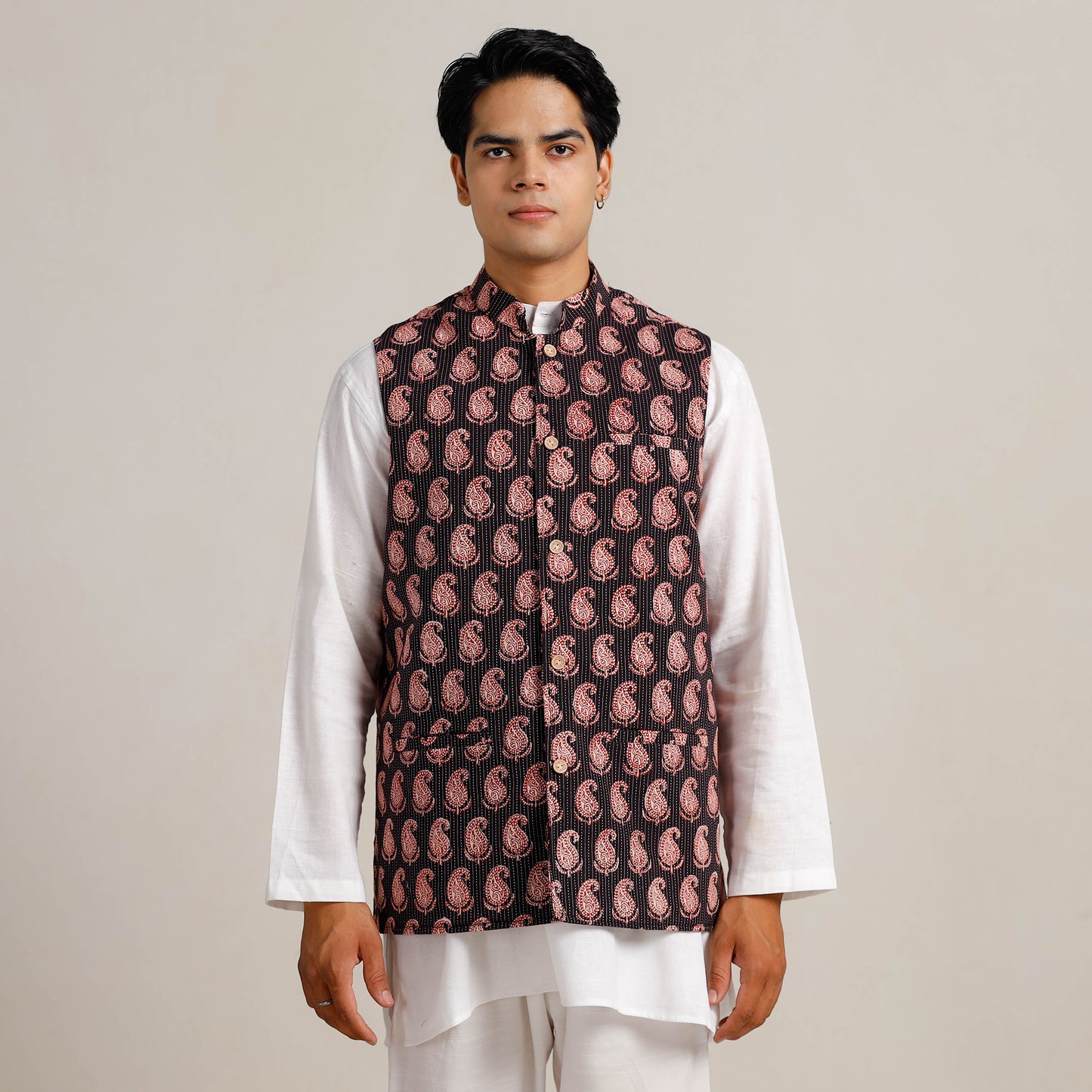Black - Bagh Print Nehru Jacket for Men 05