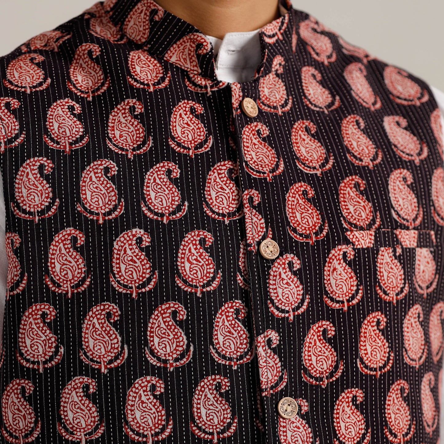 Black - Bagh Print Nehru Jacket for Men 05