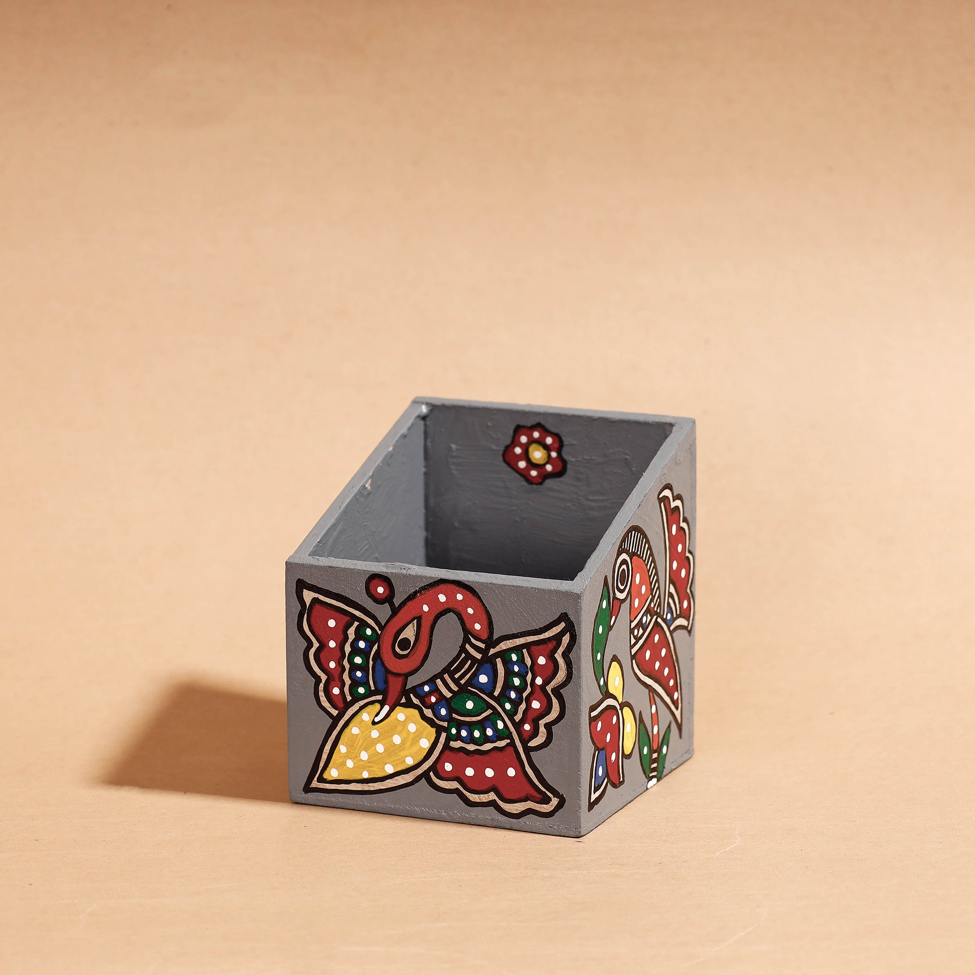 Madhubani Handpainted Wooden Pen Stand (3.5 x 3.5 in)