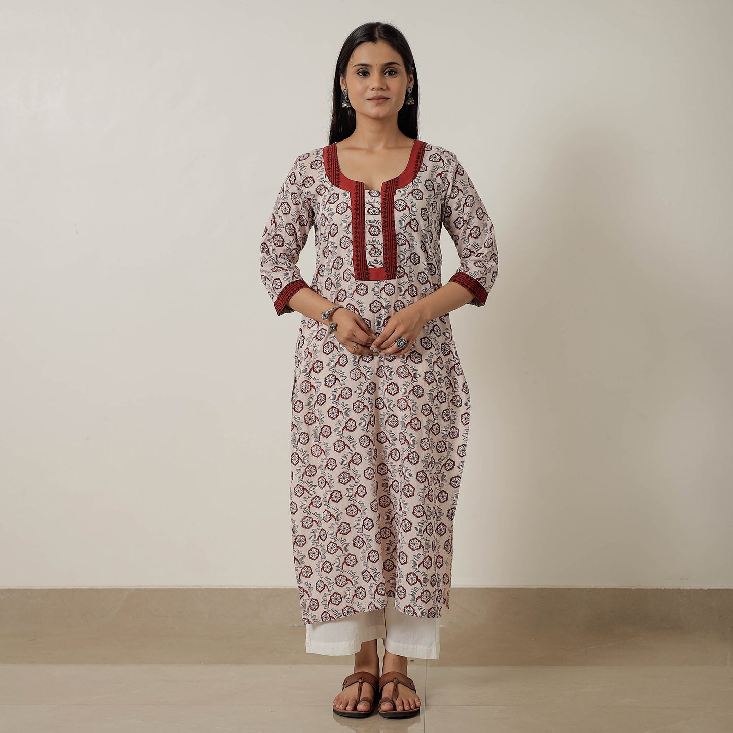 Beige Block Print Mul Cotton Straight Bagh Kurta For Women