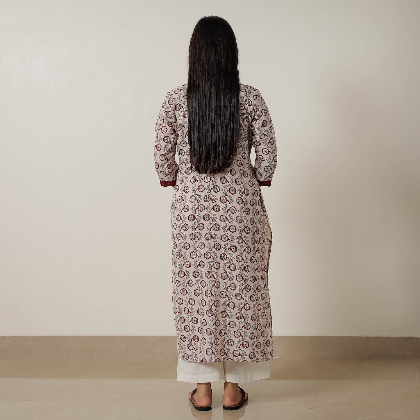 Beige Block Print Mul Cotton Straight Bagh Kurta For Women