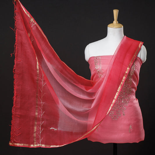 Pink - 3pc Pitta Work Kota Doria Pure Silk Suit Material Set
