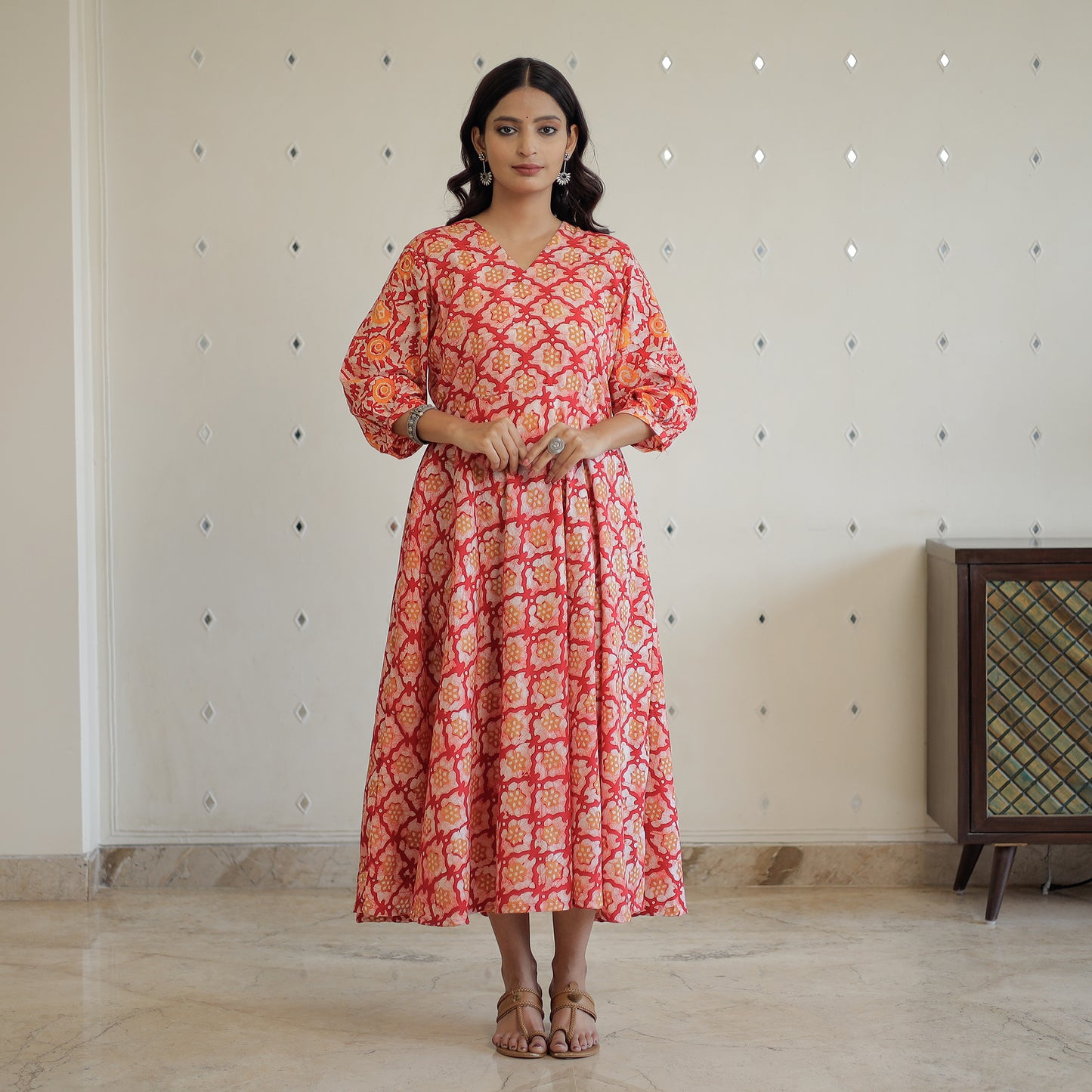 Pink - Hand Batik Printed Cotton Flared Dress 07