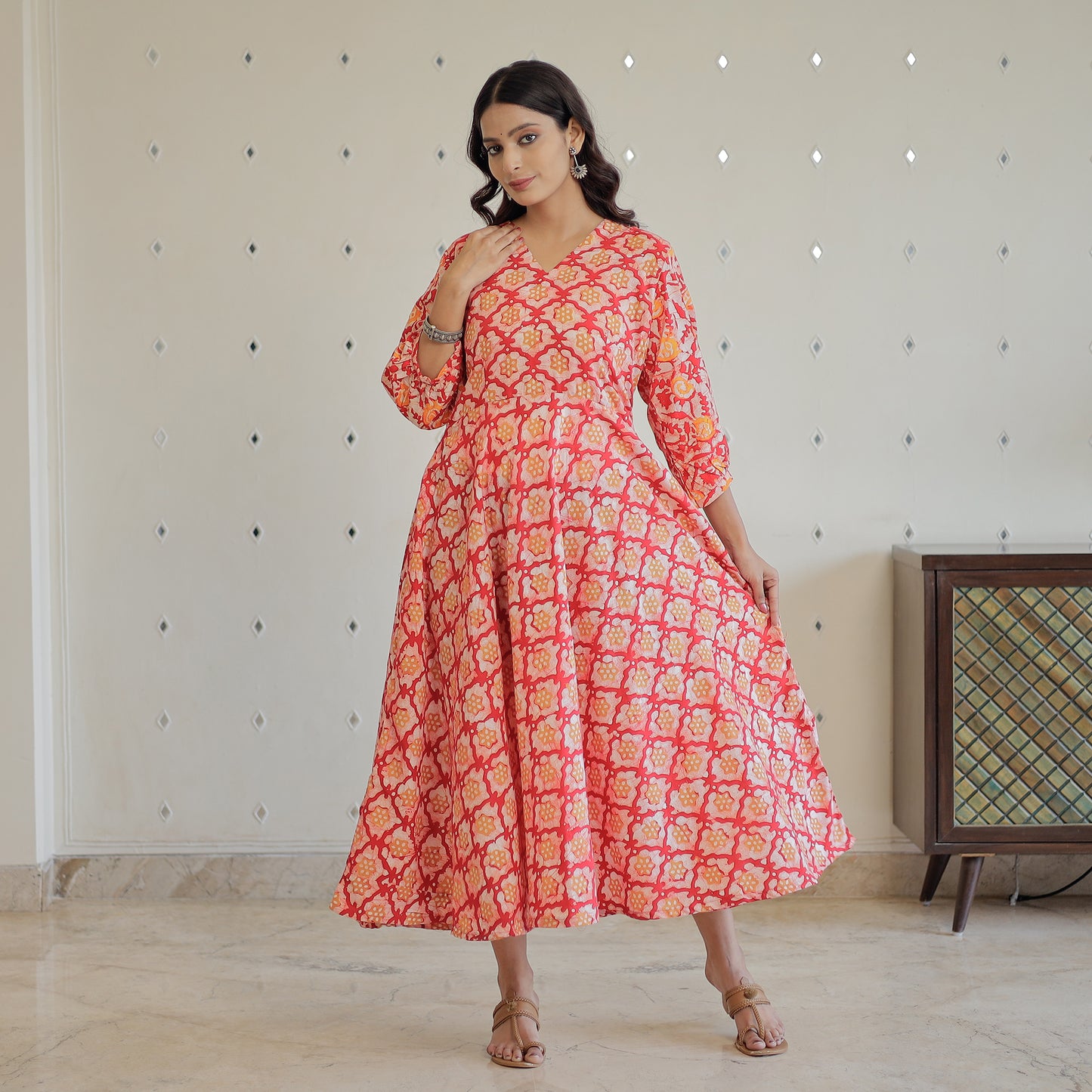 Pink - Hand Batik Printed Cotton Flared Dress 07