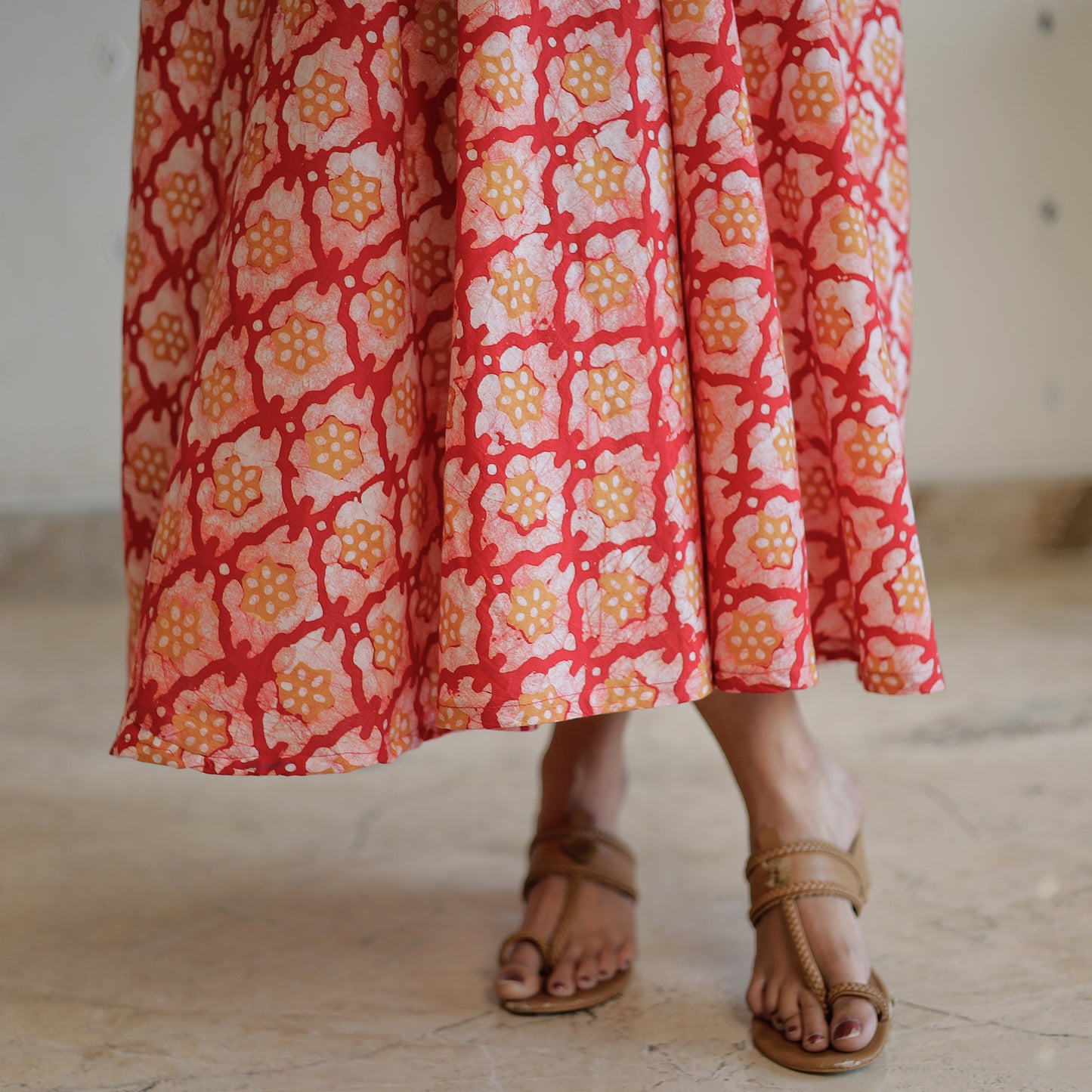 Pink - Hand Batik Printed Cotton Flared Dress 07
