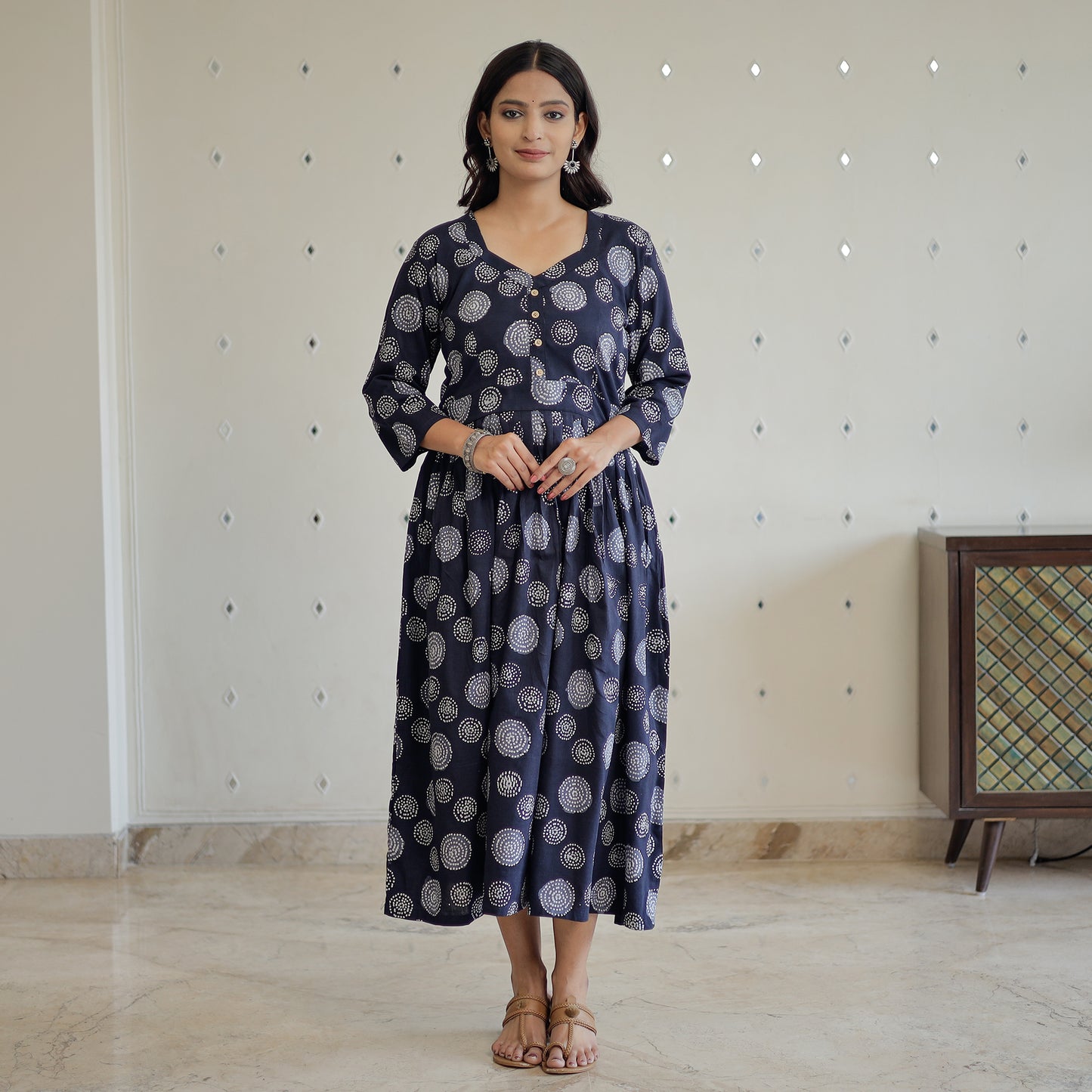Black - Hand Batik Printed Cotton Flared Dress 03