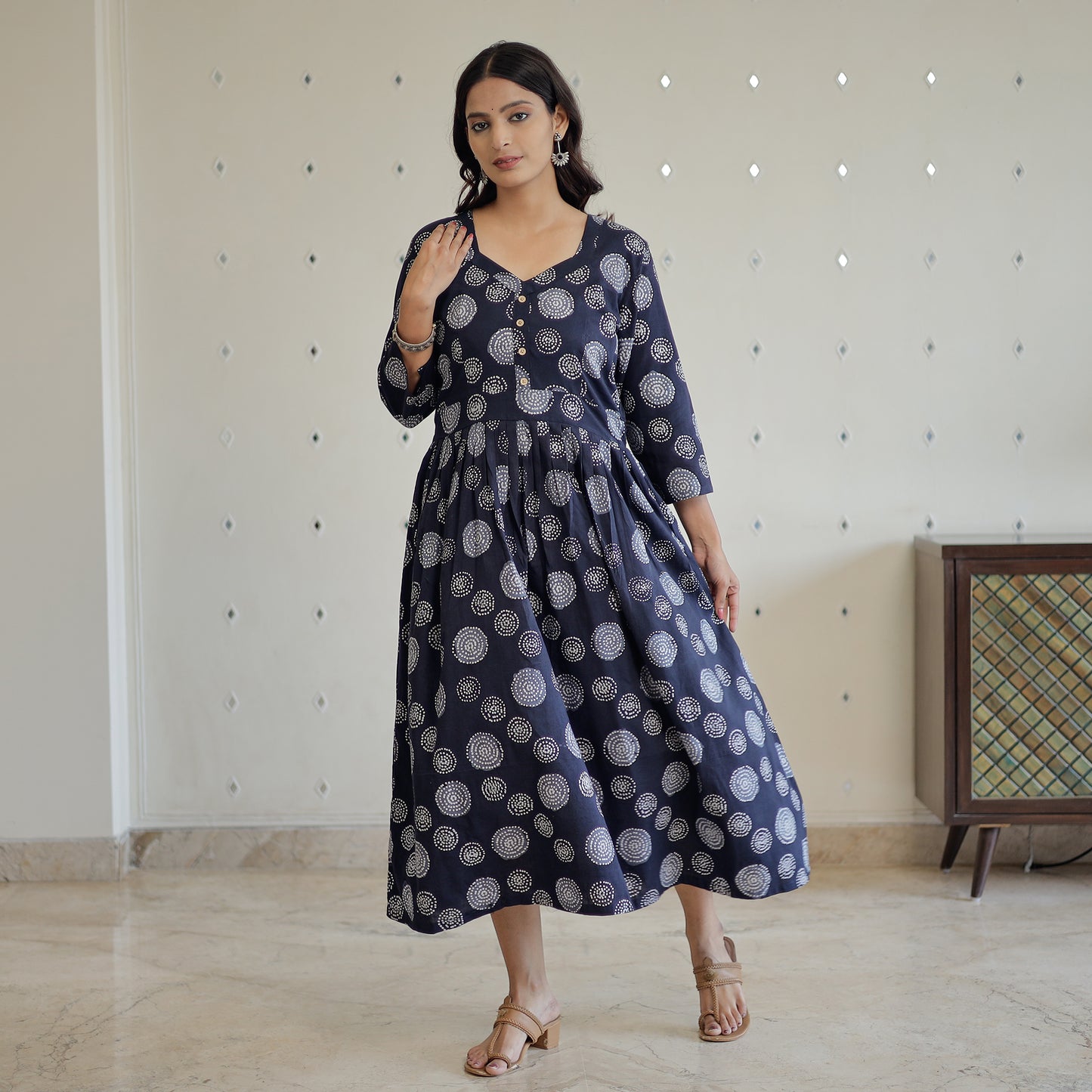Black - Hand Batik Printed Cotton Flared Dress 03