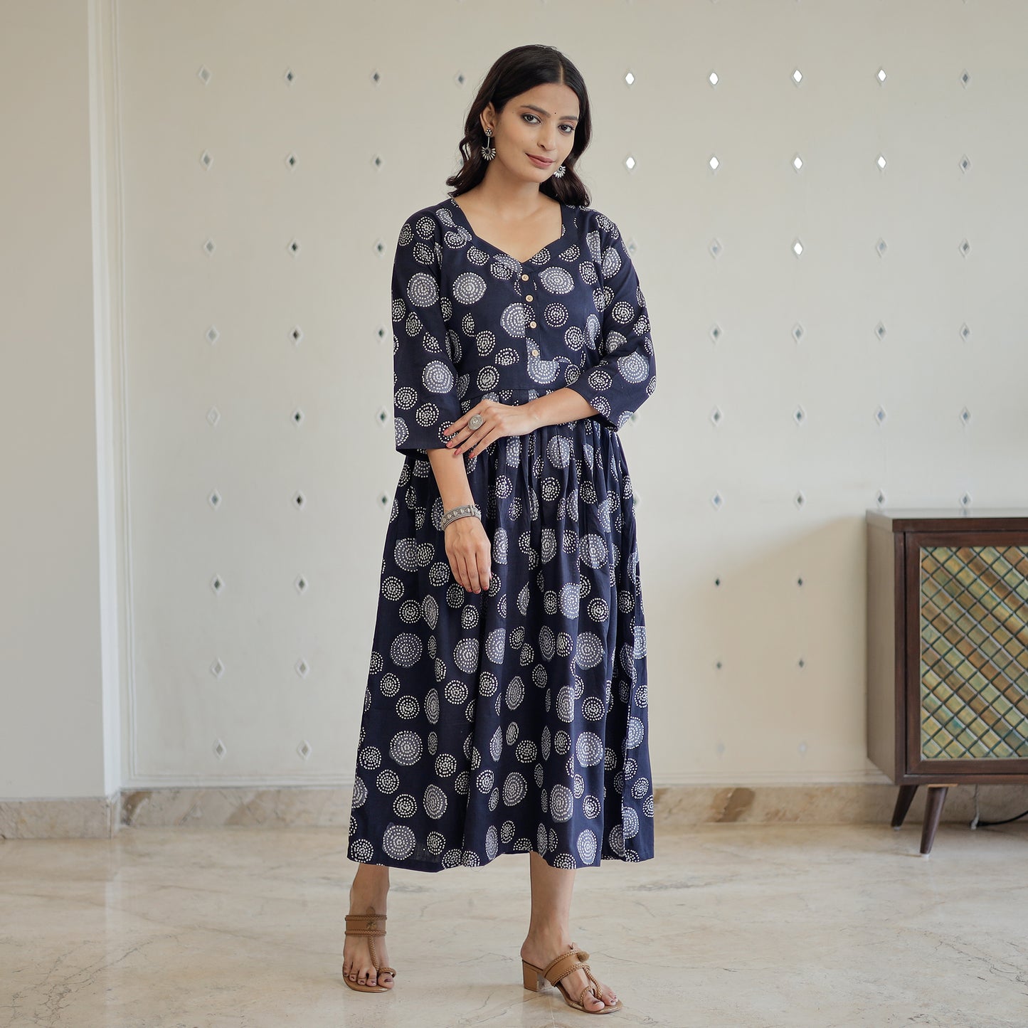 Black - Hand Batik Printed Cotton Flared Dress 03