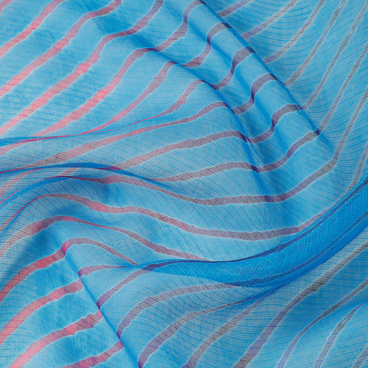 Blue - Multicolour Leheriya Tie-Dye Kota Doria Silk Fabric