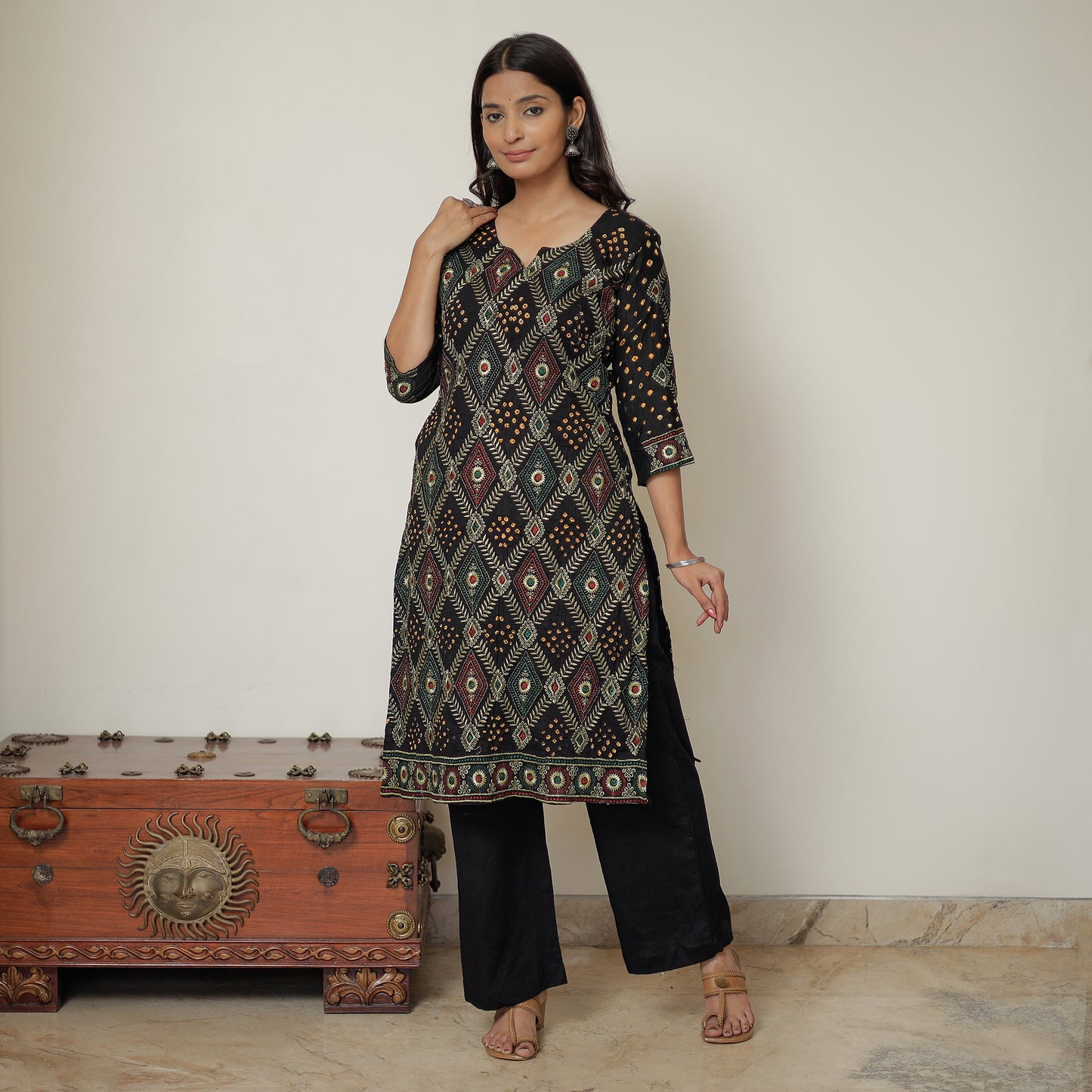 Black - Bandhani Tie-Dye Zari Work Cotton Kurta with Palazzo & Dupatta Set 02