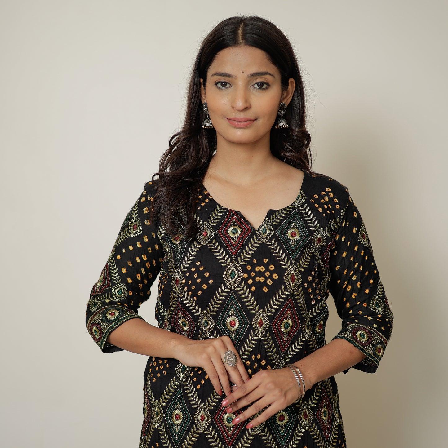 Black - Bandhani Tie-Dye Zari Work Cotton Kurta with Palazzo & Dupatta Set 02