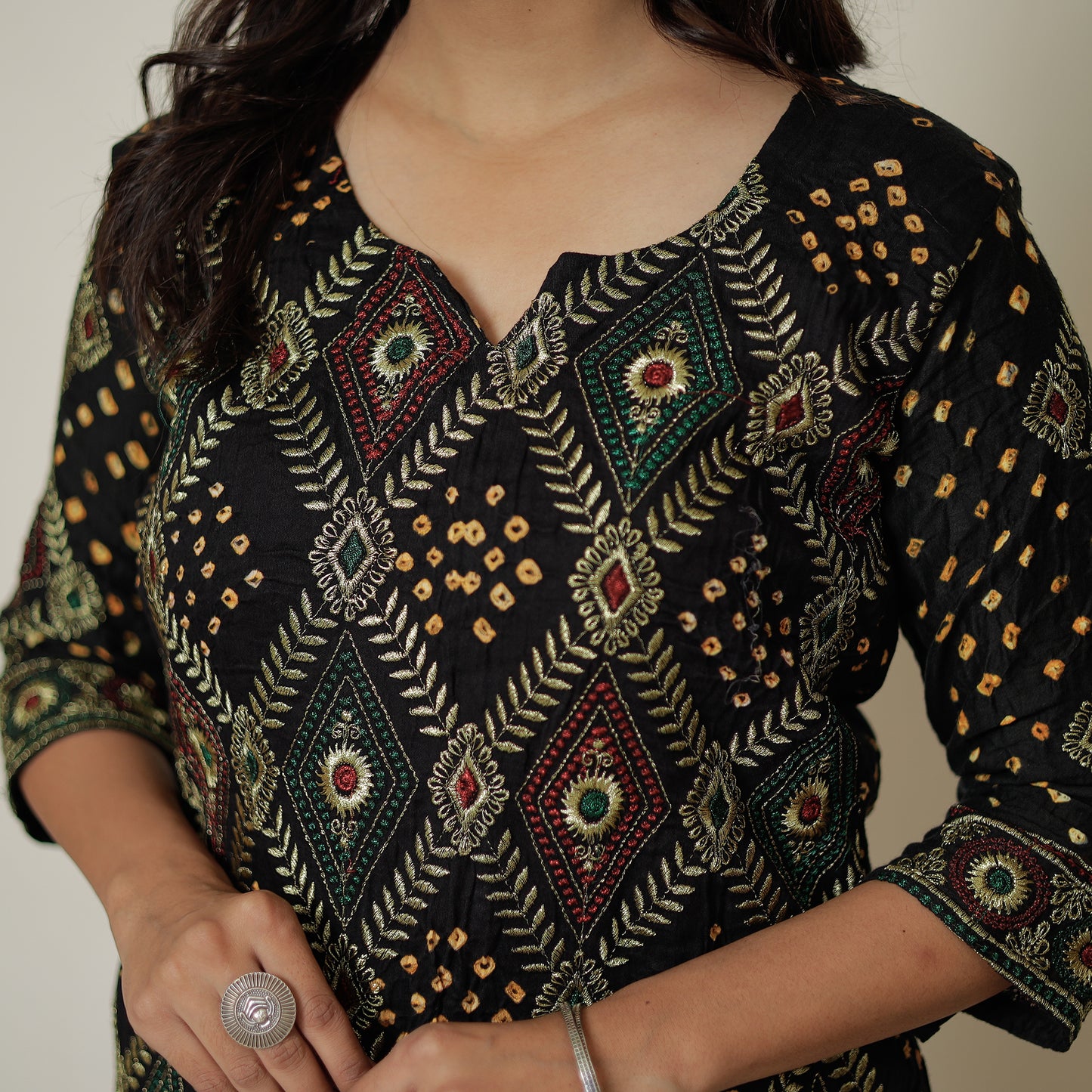 Black - Bandhani Tie-Dye Zari Work Cotton Kurta with Palazzo & Dupatta Set 02