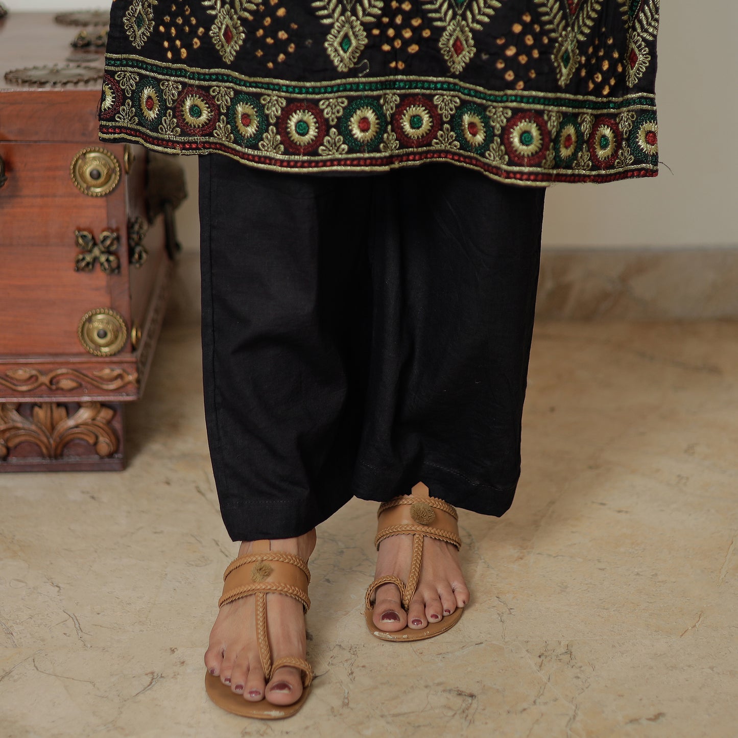 Black - Bandhani Tie-Dye Zari Work Cotton Kurta with Palazzo & Dupatta Set 02
