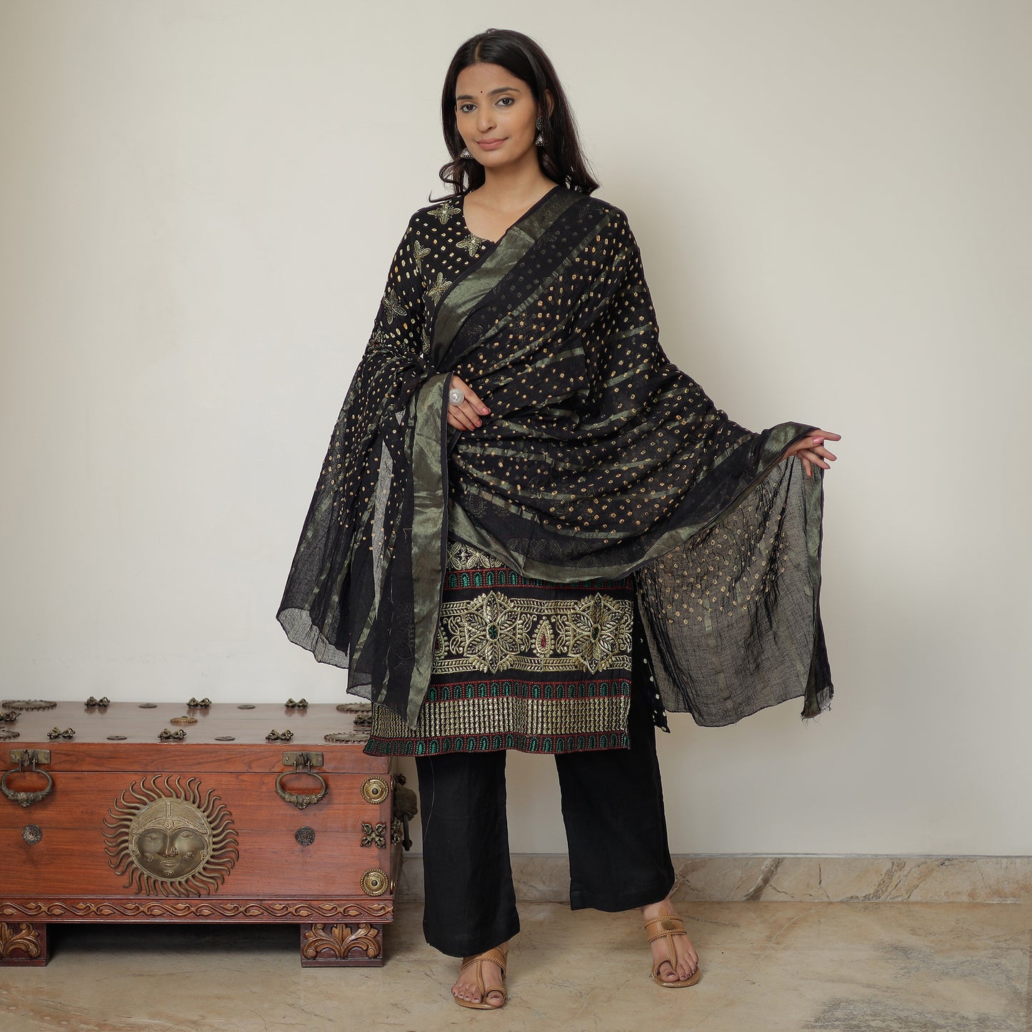 Black - Bandhani Tie-Dye Zari Work Cotton Kurta with Palazzo & Dupatta Set 03