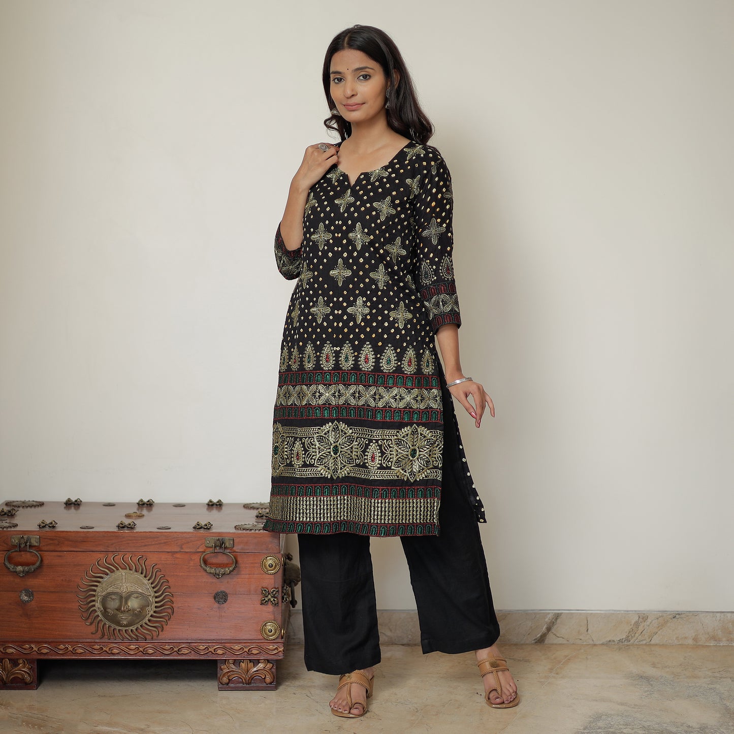 Black - Bandhani Tie-Dye Zari Work Cotton Kurta with Palazzo & Dupatta Set 03
