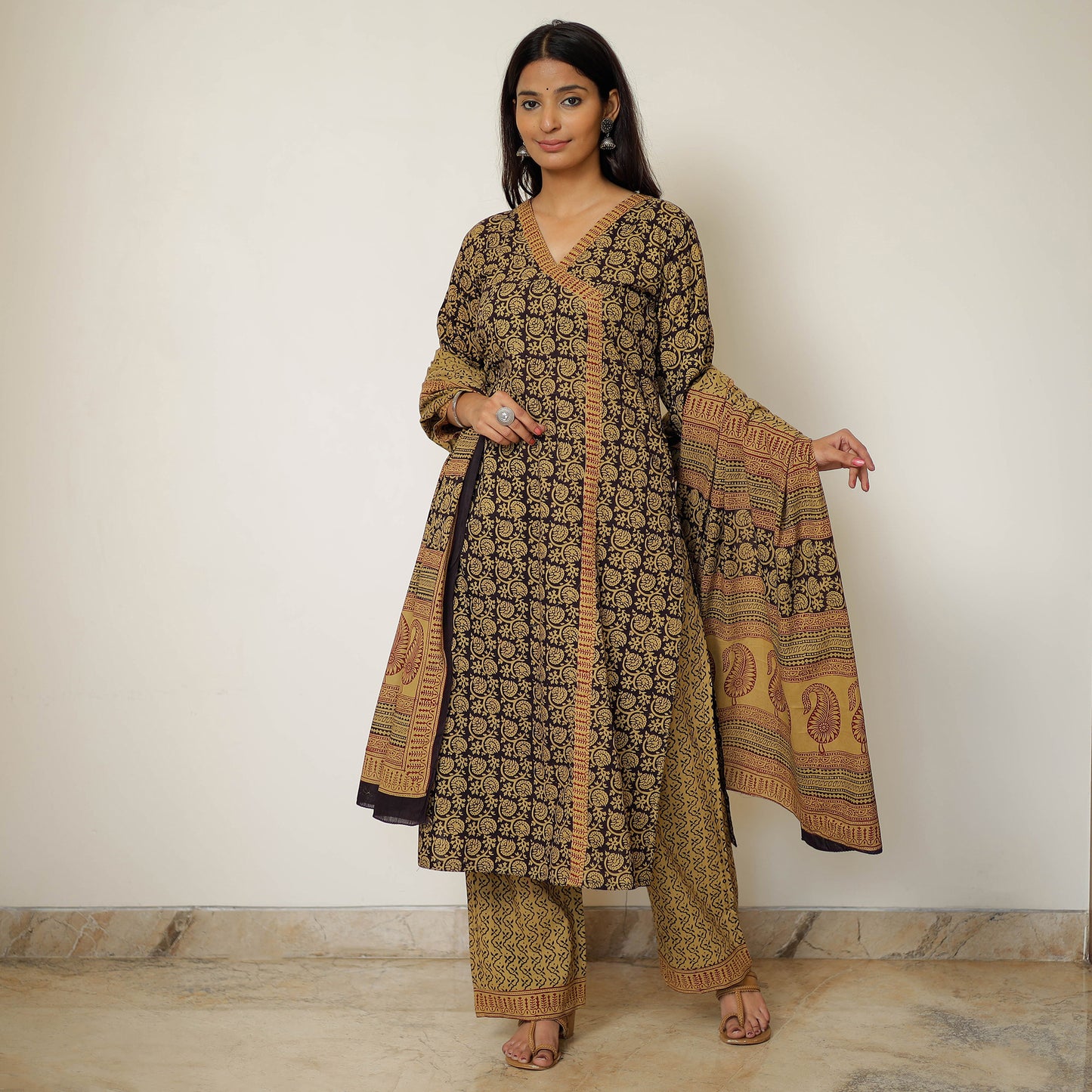 Bagh Block Printed Cotton Kurta with Palazzo & Dupatta Set 03