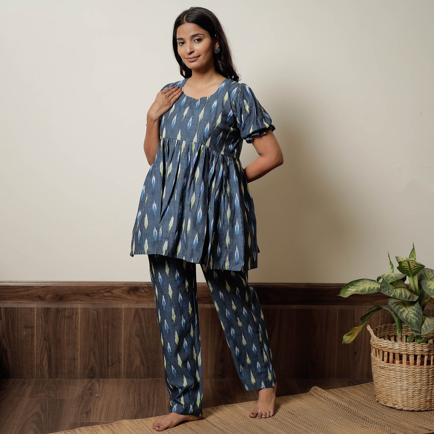 Grey - Pochampally Ikat Cotton Top & Pyjama Night Suit Set 17