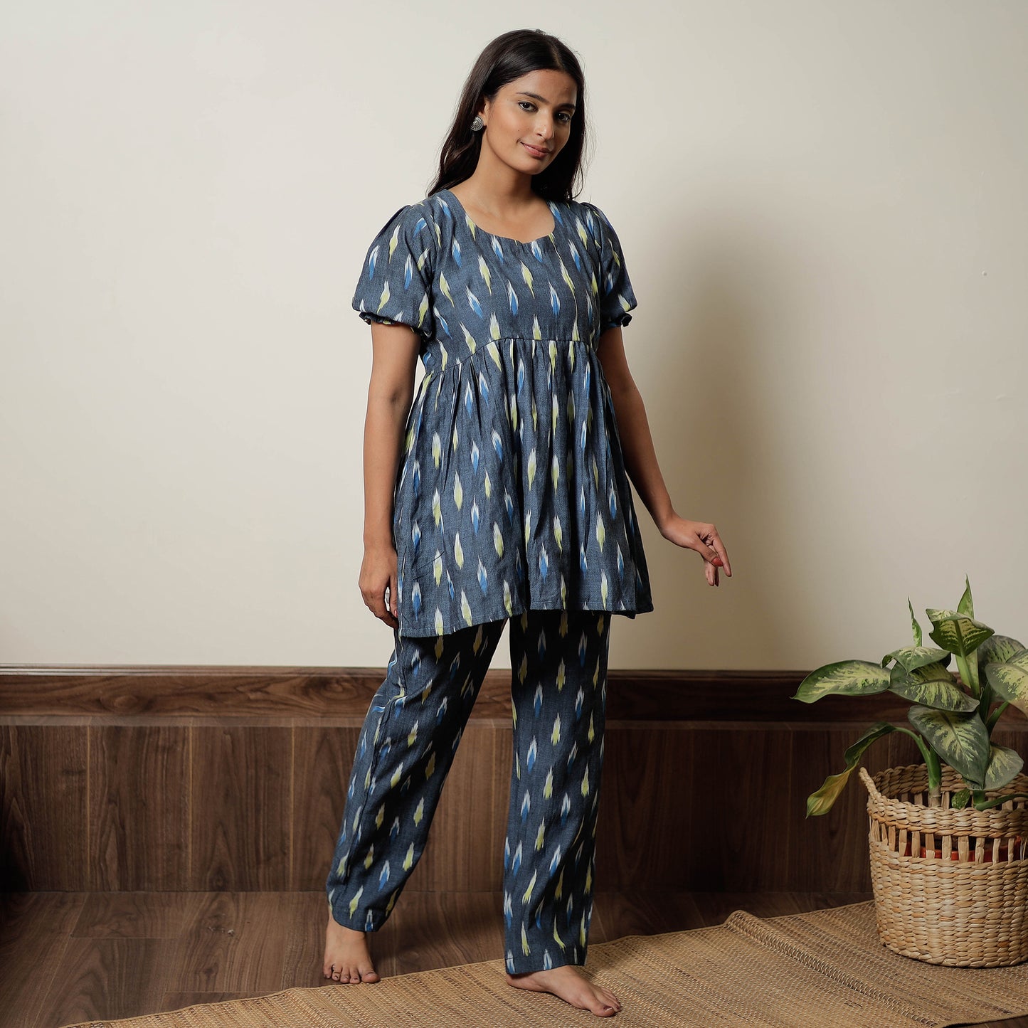 Grey - Pochampally Ikat Cotton Top & Pyjama Night Suit Set 17