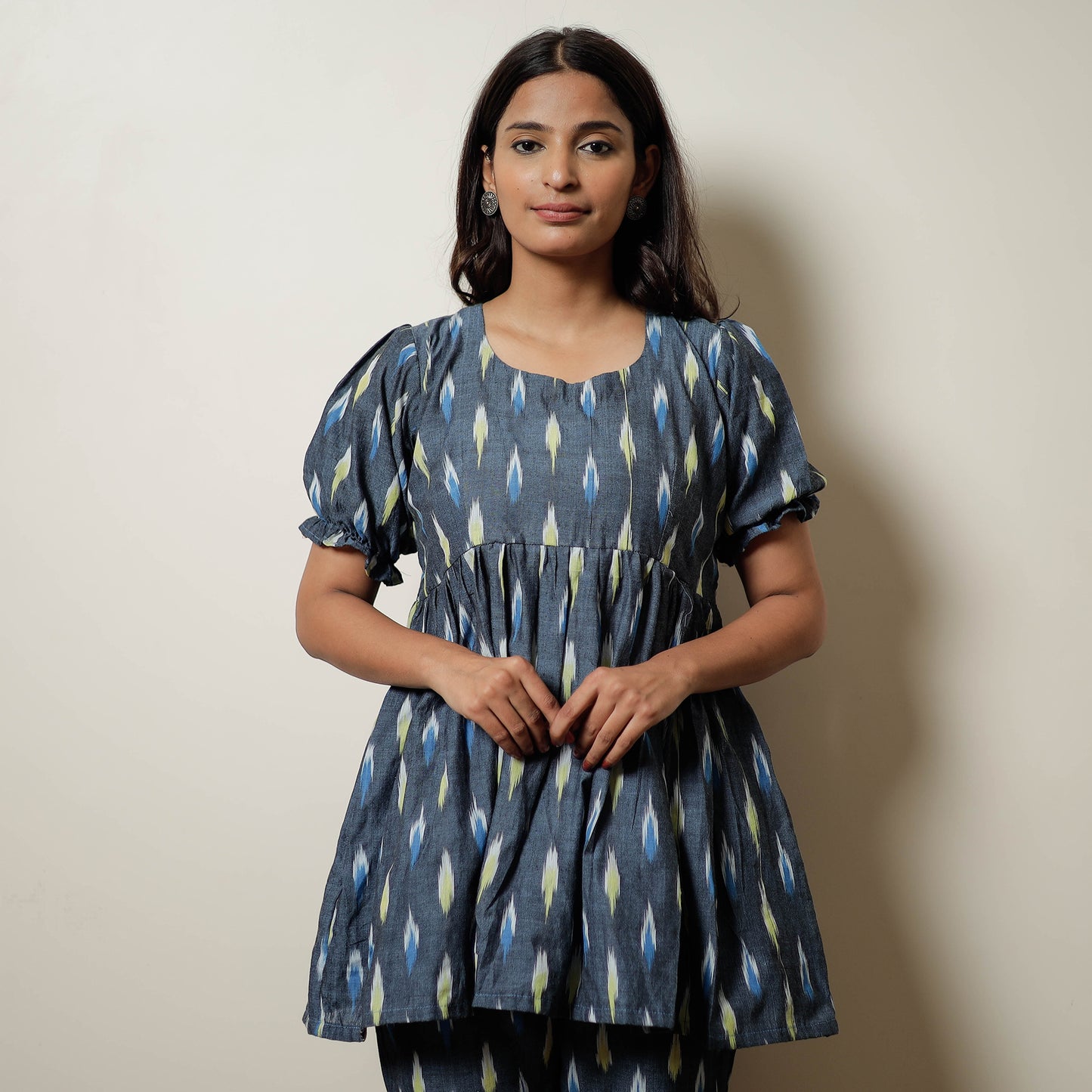Grey - Pochampally Ikat Cotton Top & Pyjama Night Suit Set 17