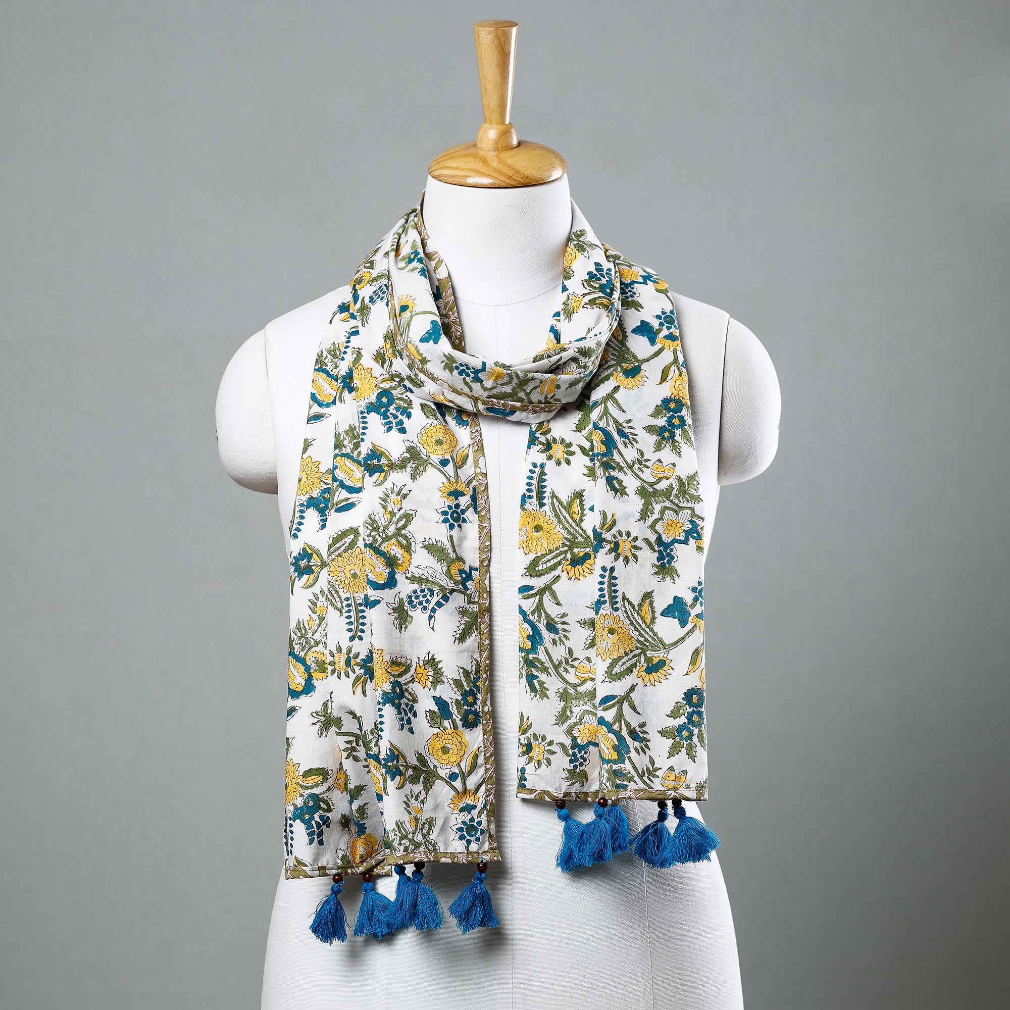 Pink - Sanganeri Block Printed Cotton Stole with Tassels