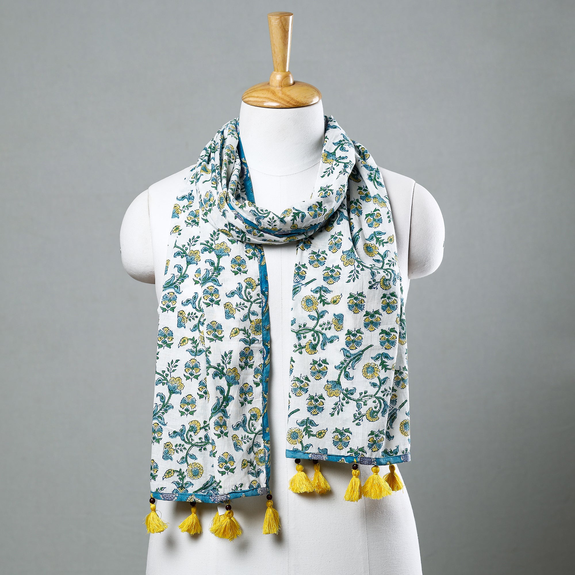 Blue - Sanganeri Block Printed Cotton Stole with Tassels