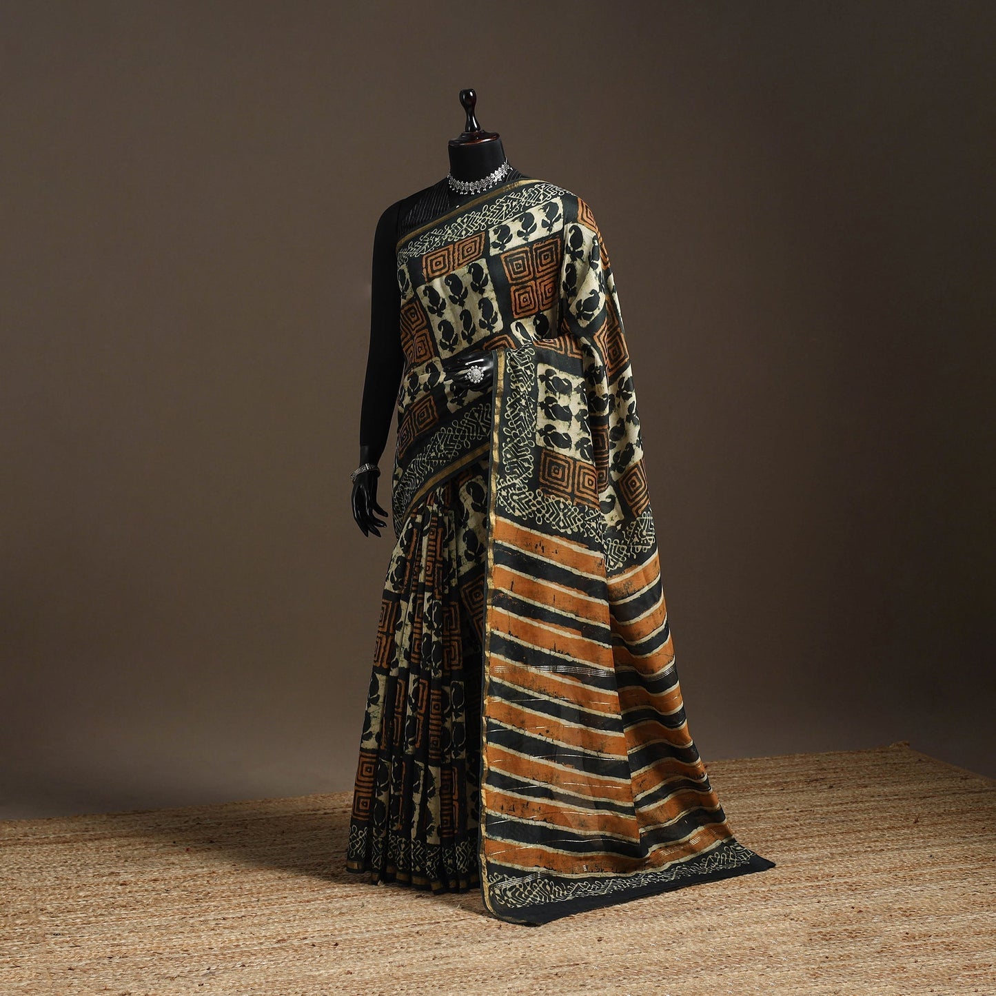 Multicolor - Chanderi Silk Hand Block Print Bagru Saree with Zari Border 18