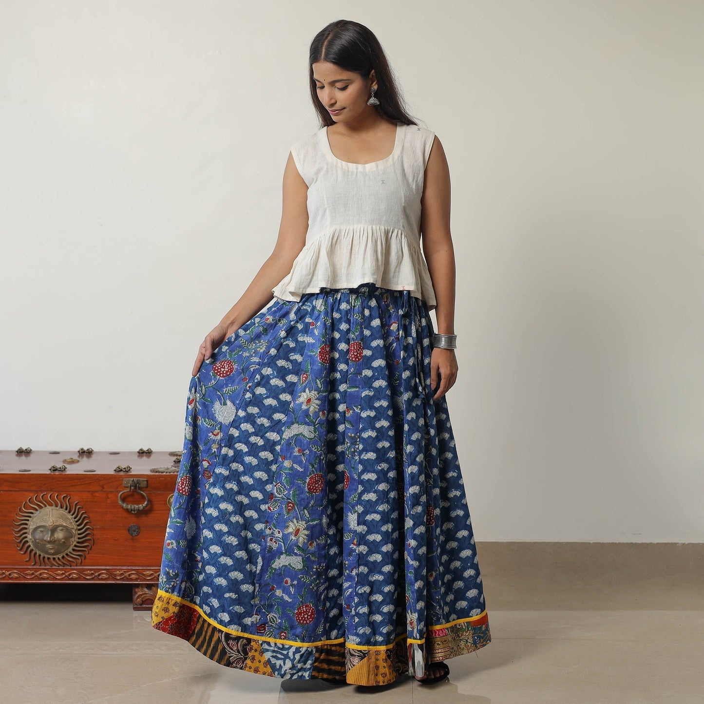 Bagru Block Printed 24 Kali Patchwork Cotton Long Skirt 19