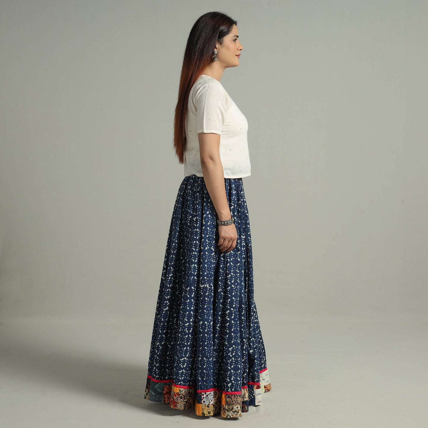 Indigo Block Printed 24 Kali Patchwork Cotton Long Skirt 03