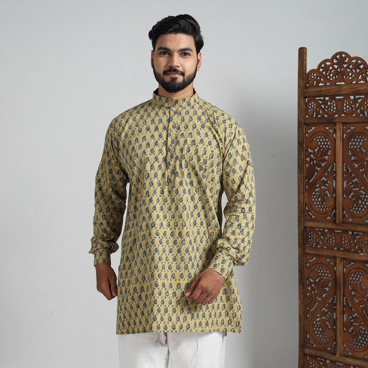 Ajrakh Block Printed Cotton Men Short Kurta 01