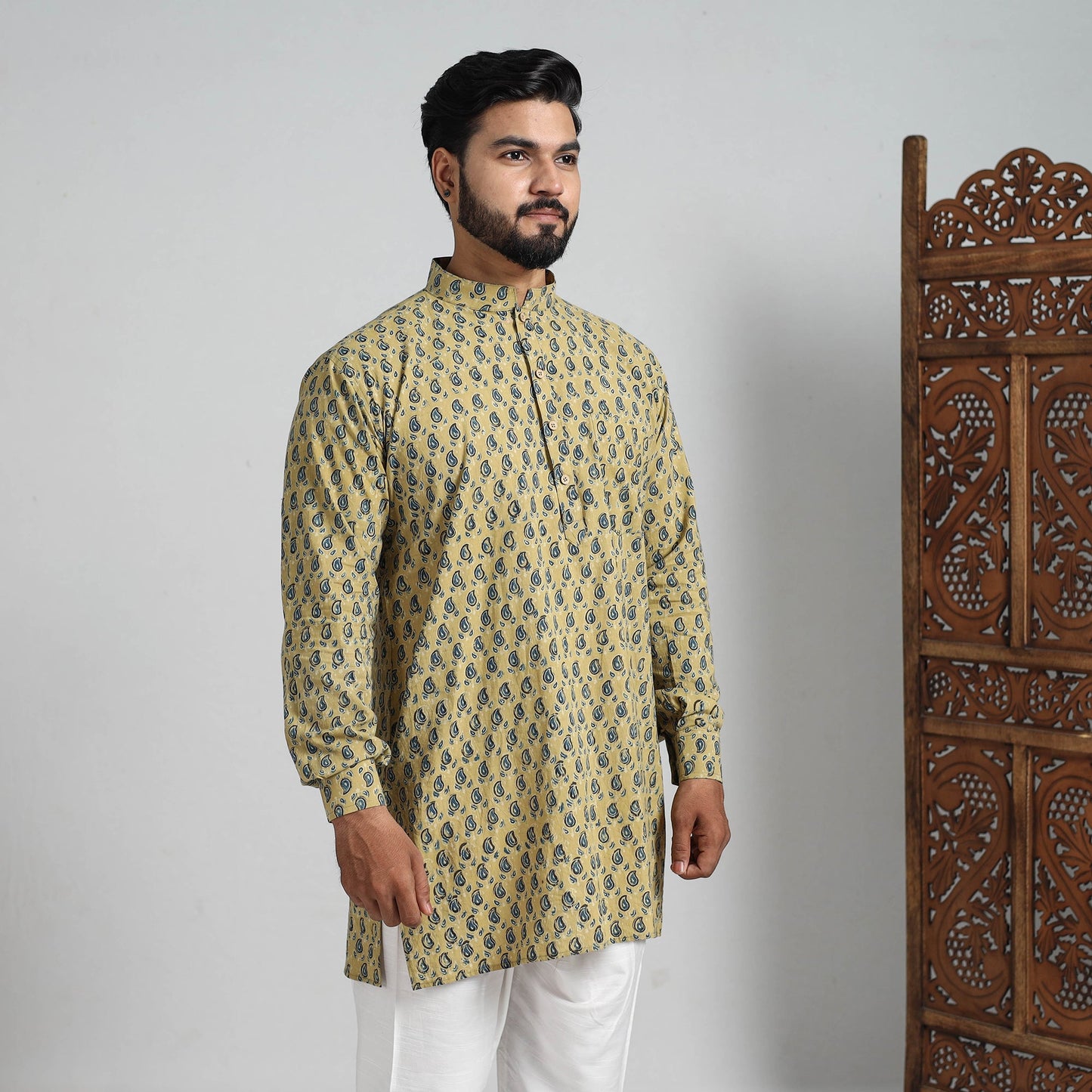 Ajrakh Block Printed Cotton Men Short Kurta 01