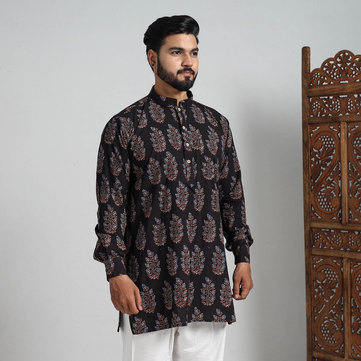 Ajrakh Block Printed Cotton Men Short Kurta 02
