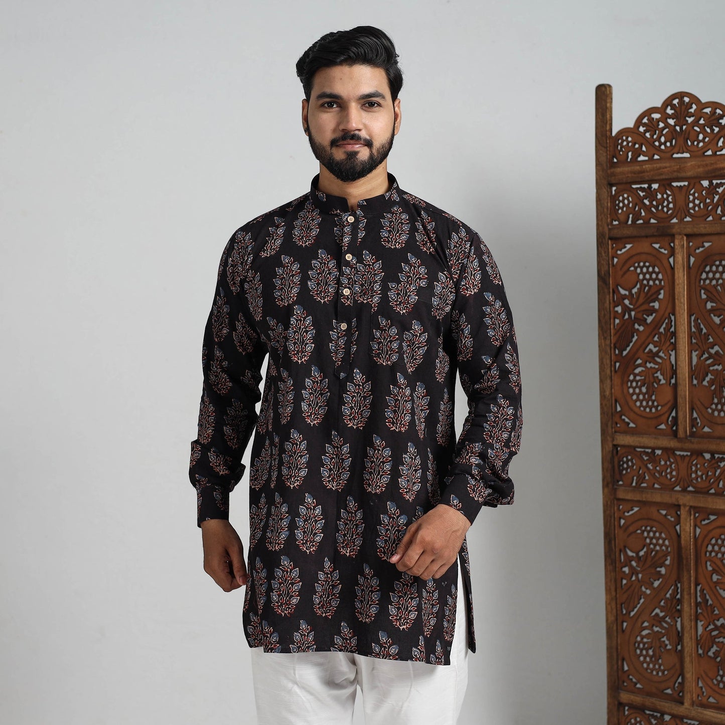 Ajrakh Block Printed Cotton Men Short Kurta 02