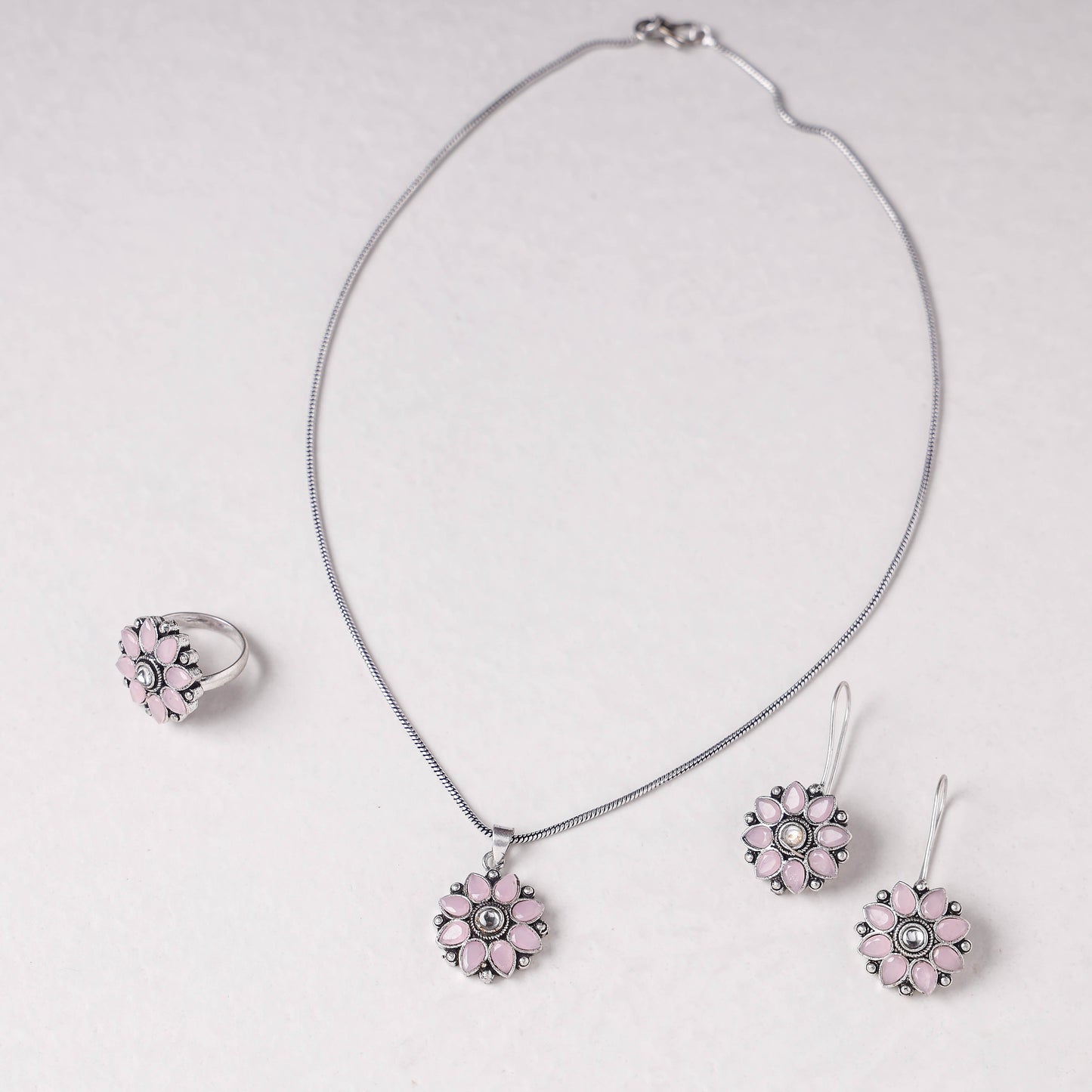 Antique Silver Finish Oxidised Brass Base Stone Work Necklace Set with Ring