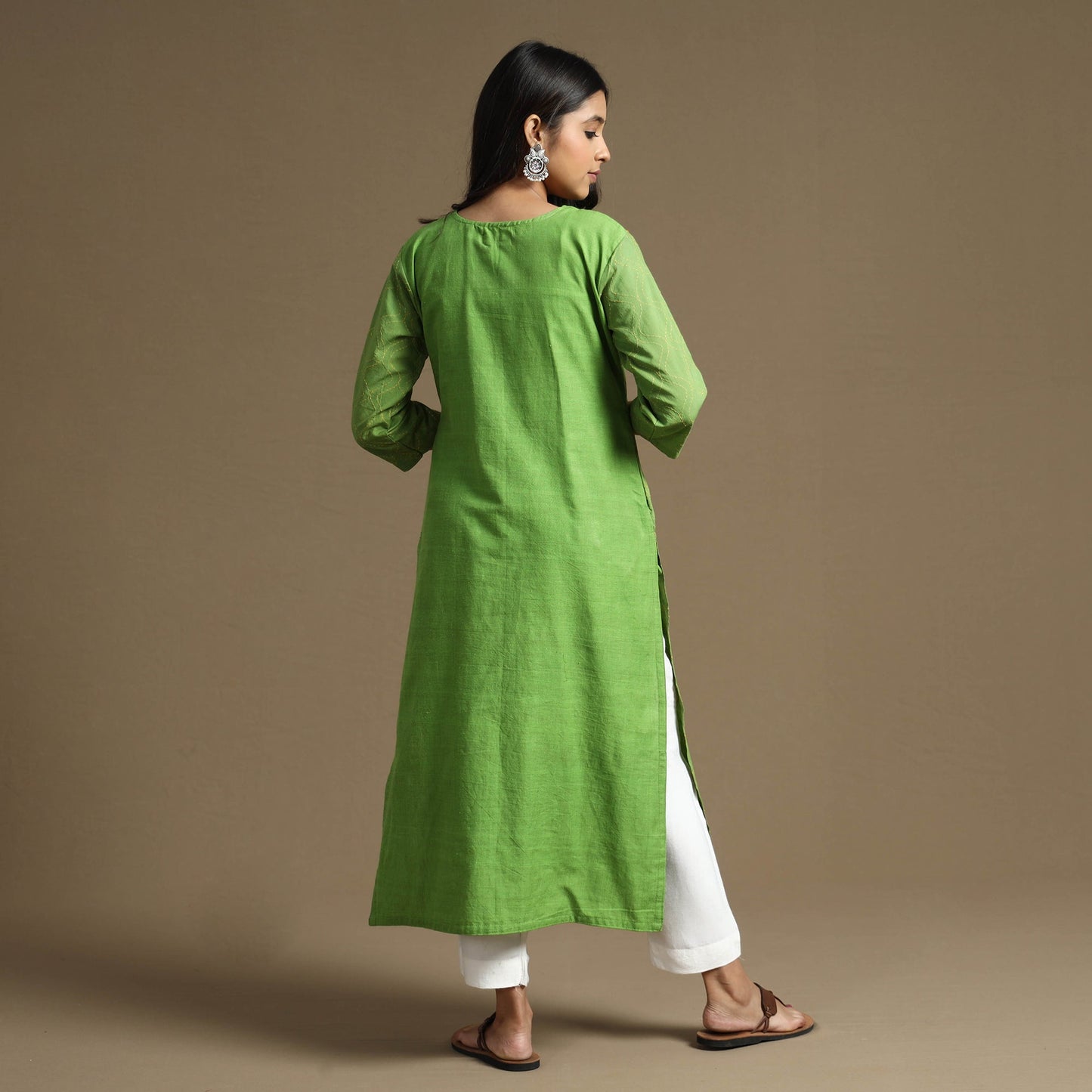 Apple green plain cotton tagai work long kurta - handcrafted